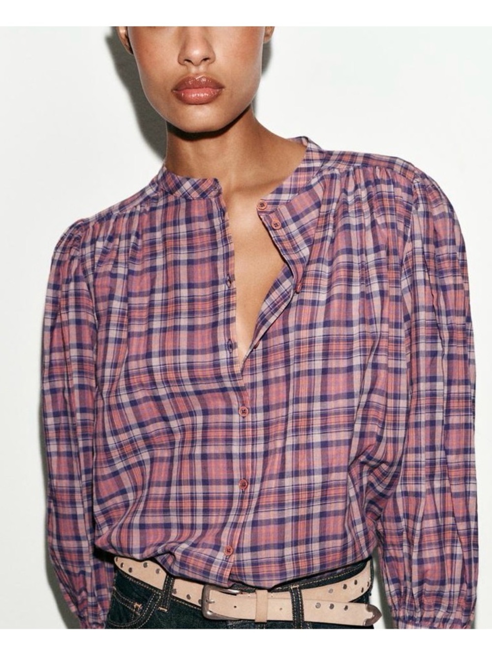 Zara Pink & Blue Plaid Button-Front Top